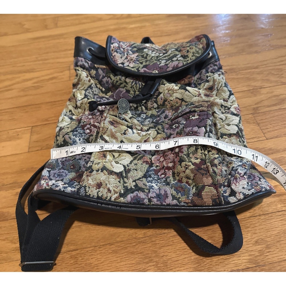 VTG 80s/90s New York Studios Floral Tapestry Backpack Black Leather Trim 10x12x5 - Picture 11 of 11